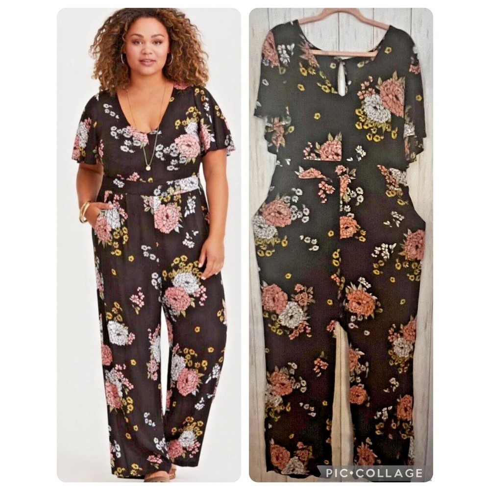 Torrid 2 2X Jump Suit Floral Black Pink White Yellow Pockets Rayon Spandex 1 pc
